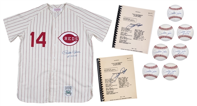 Pete Rose Autographed Collection of (10) Including Baseballs, Replica Cincinnati Reds Jersey and Commissioner Reports (JSA) 